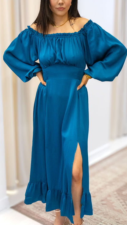 OFF SHOULDER SATIN LONG DRESS