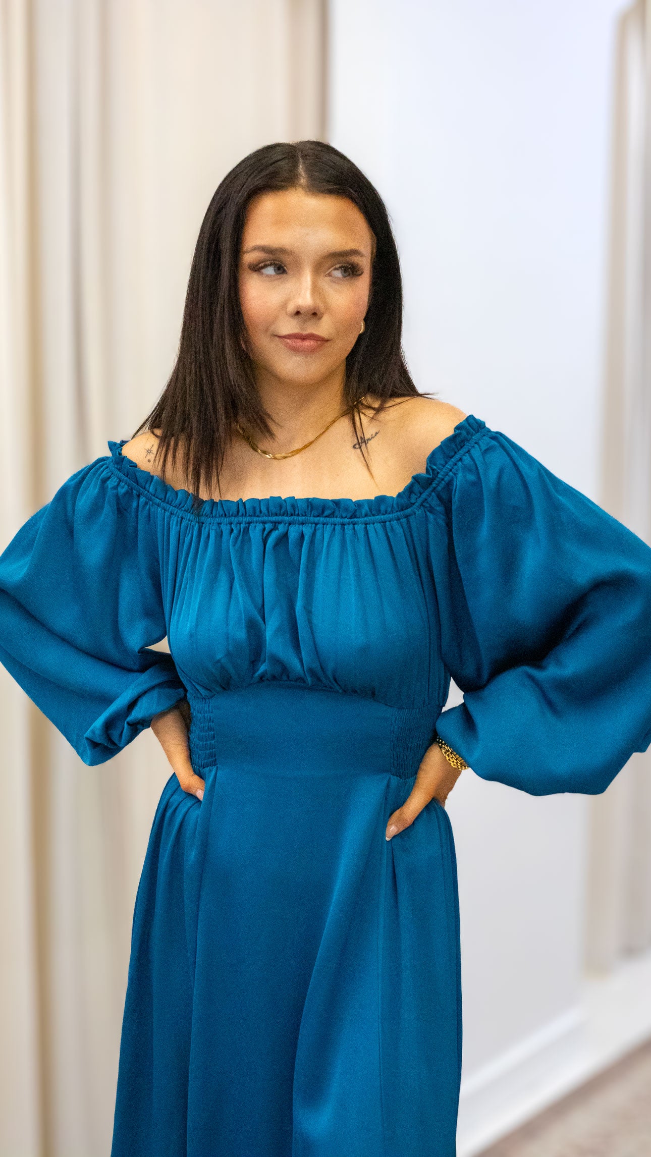 OFF SHOULDER SATIN LONG DRESS