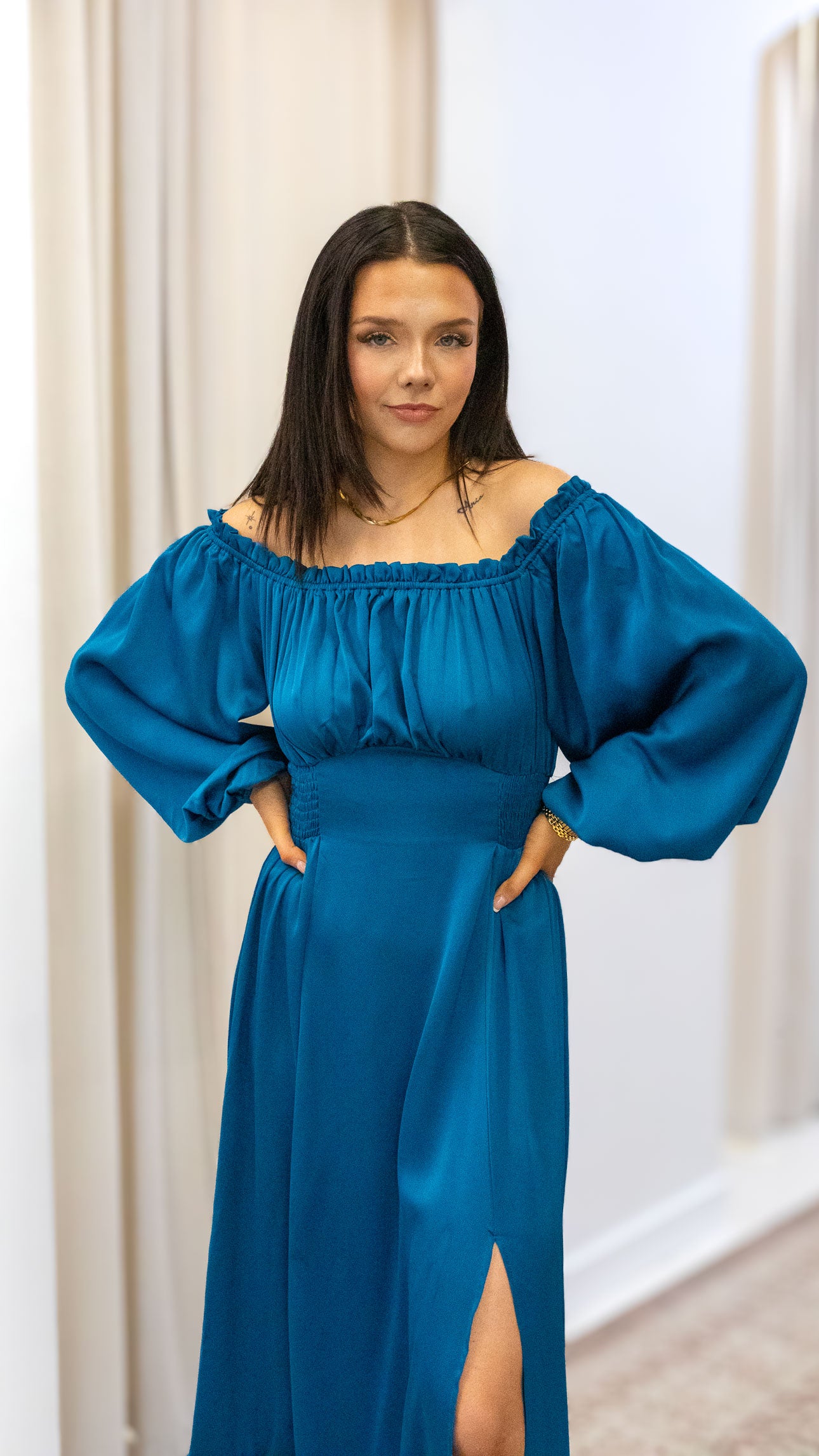OFF SHOULDER SATIN LONG DRESS