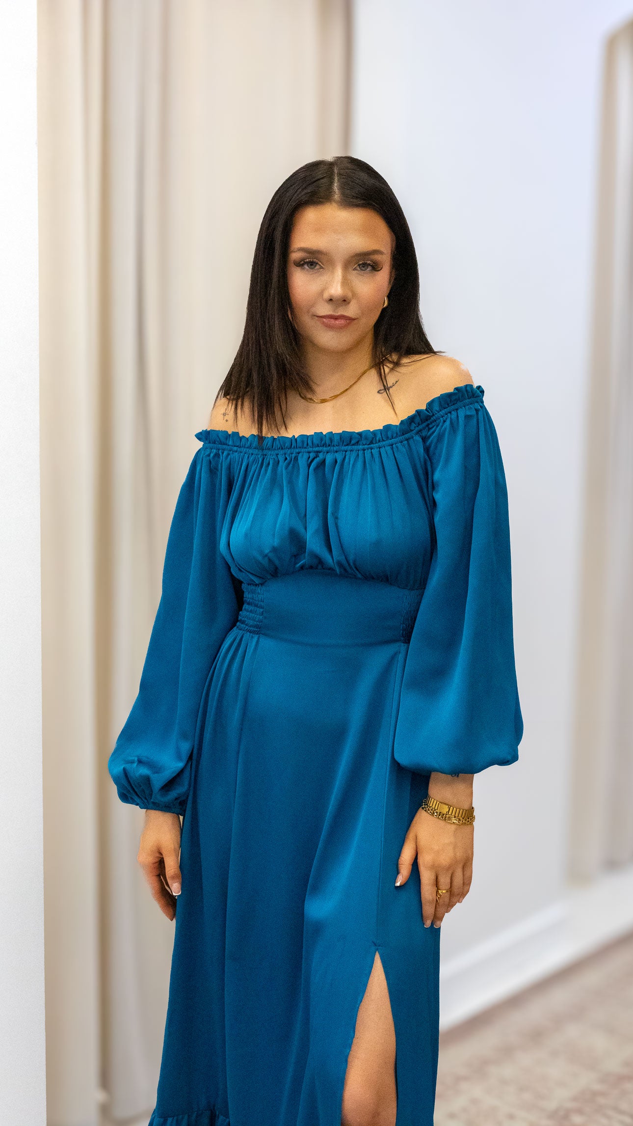 OFF SHOULDER SATIN LONG DRESS