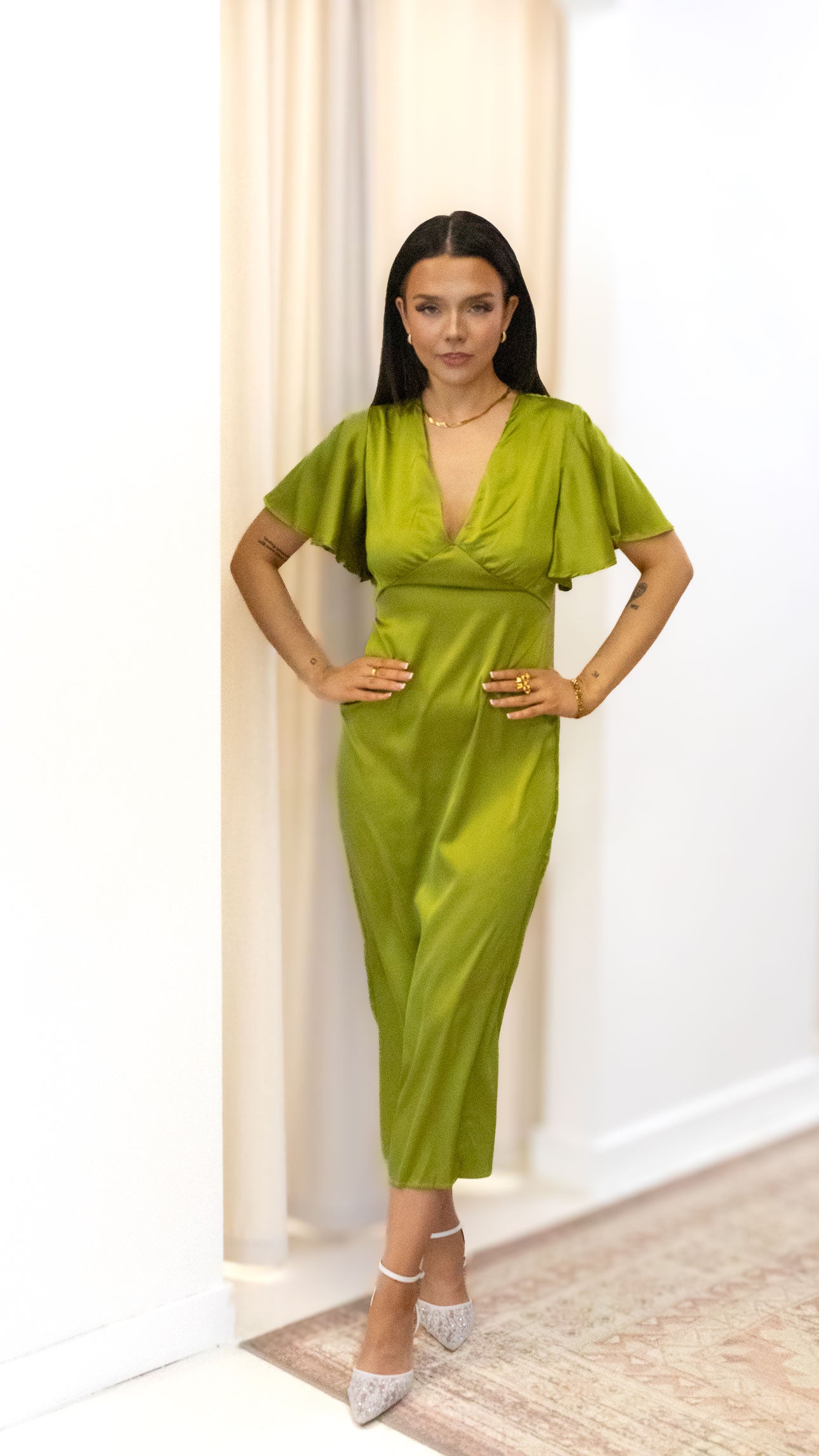 V NECK SATIN MIDI DRESSES
