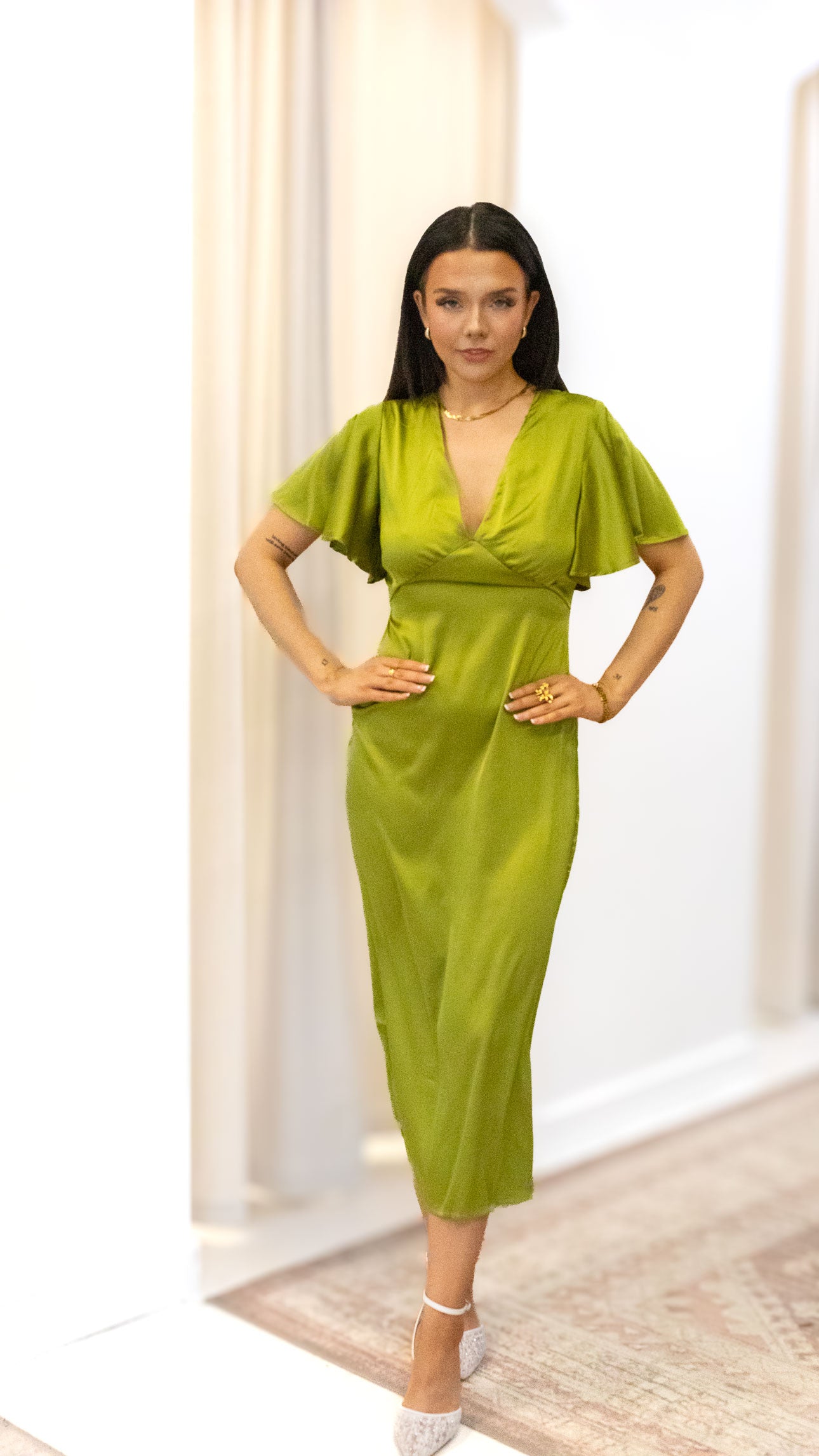 V NECK SATIN MIDI DRESSES