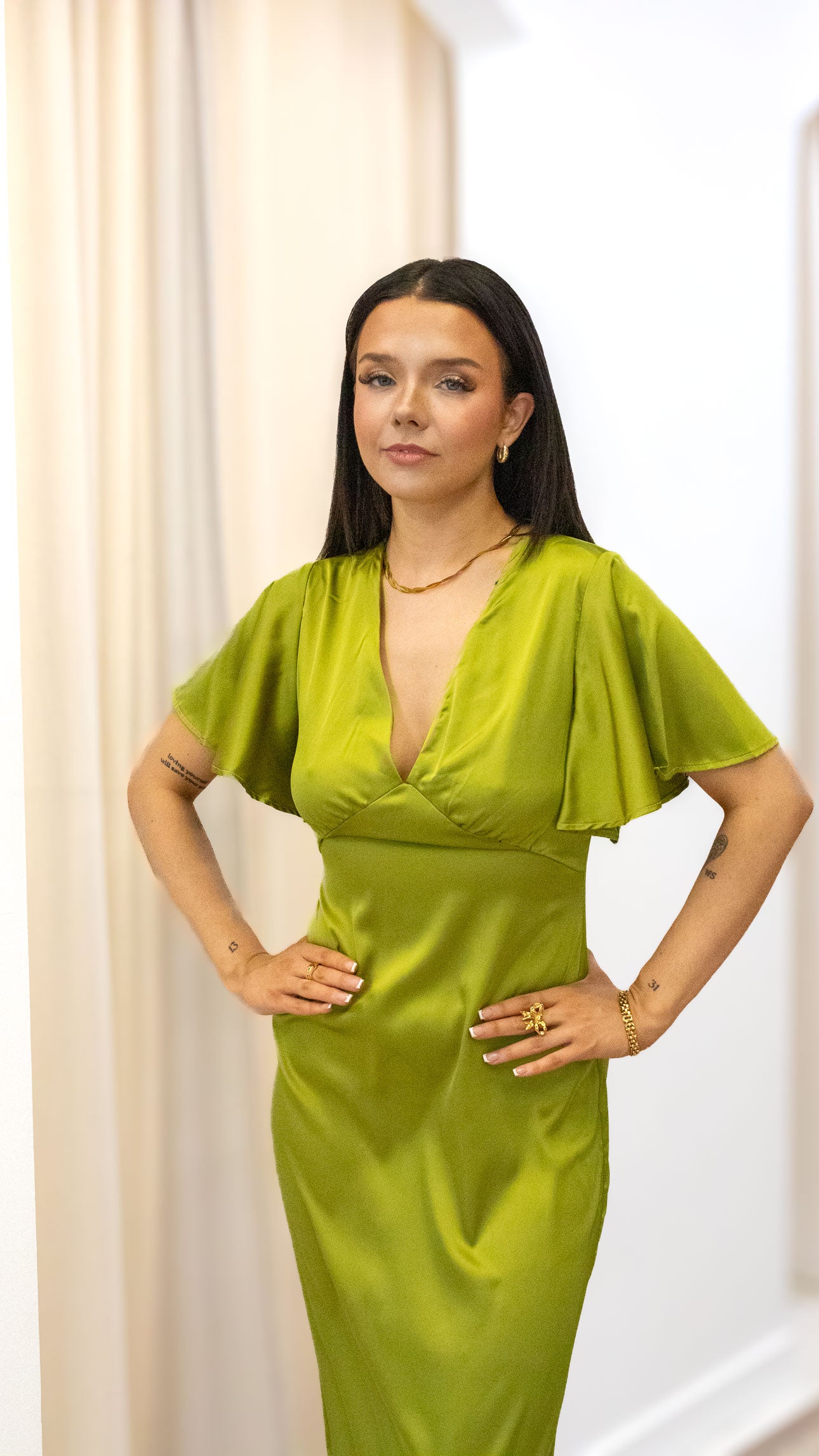 V NECK SATIN MIDI DRESSES