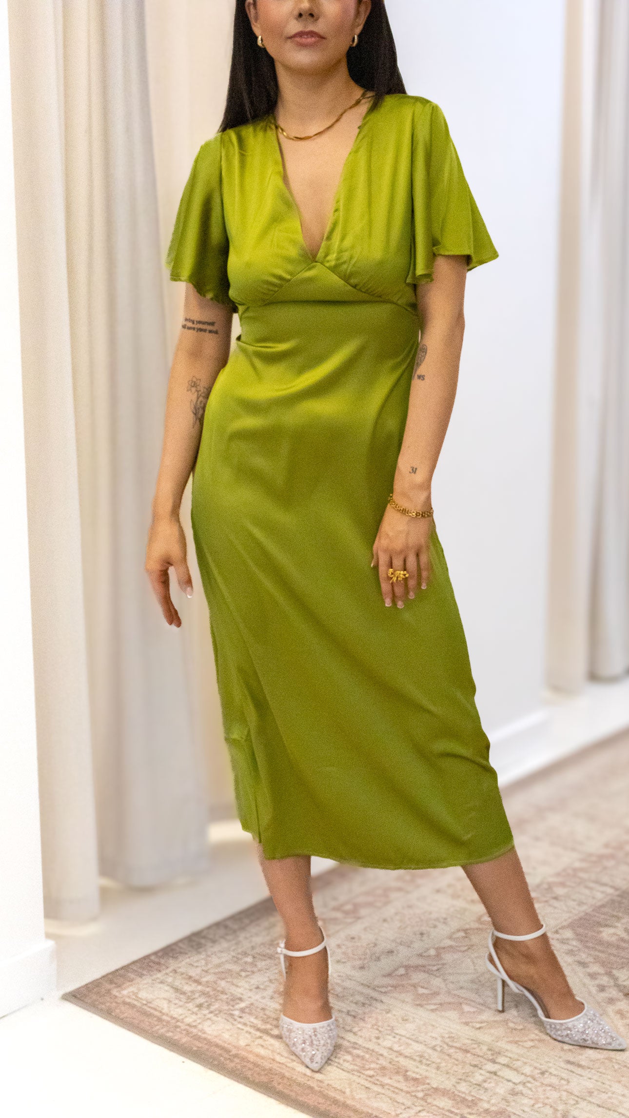 V NECK SATIN MIDI DRESSES