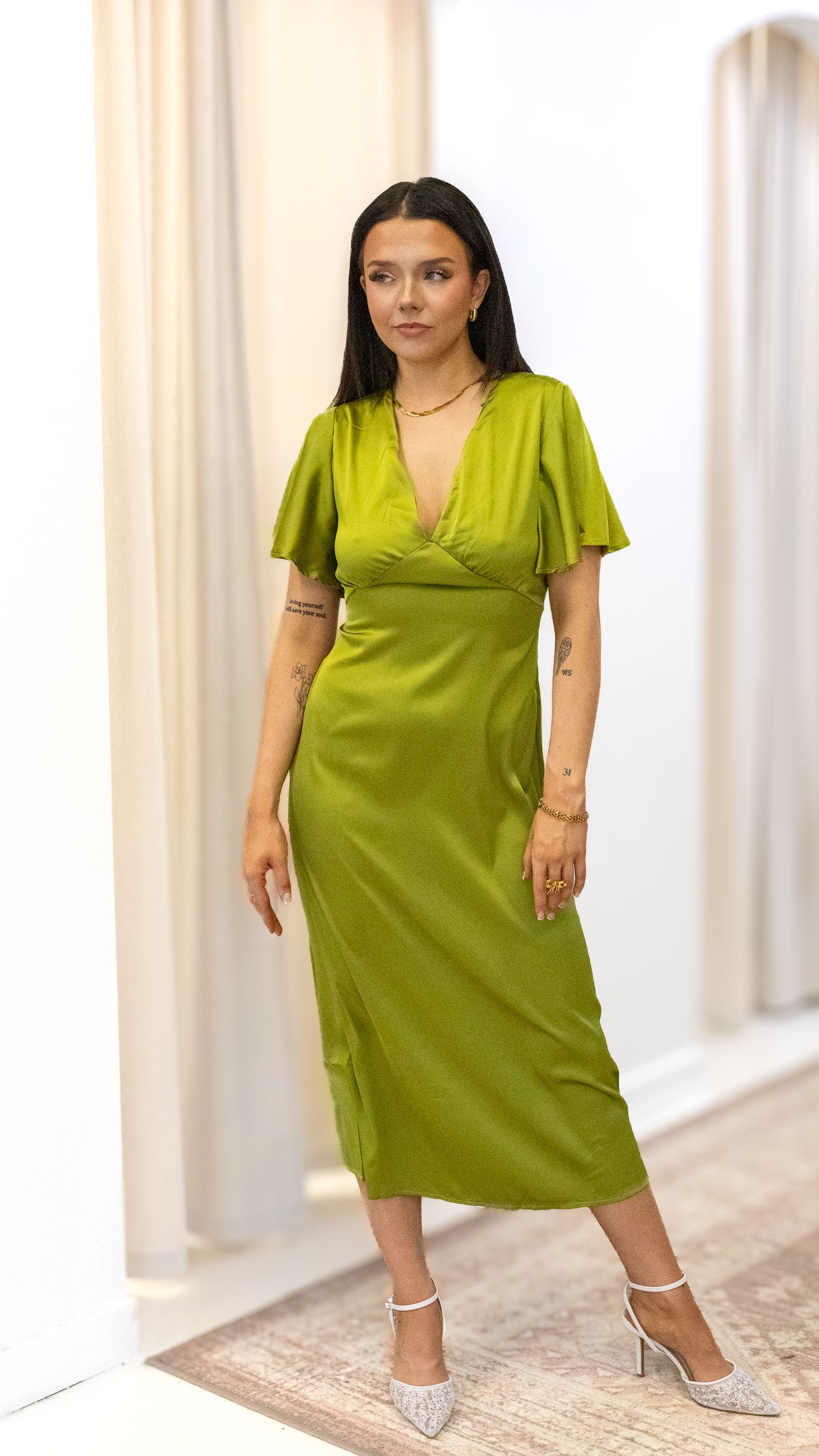 V NECK SATIN MIDI DRESSES