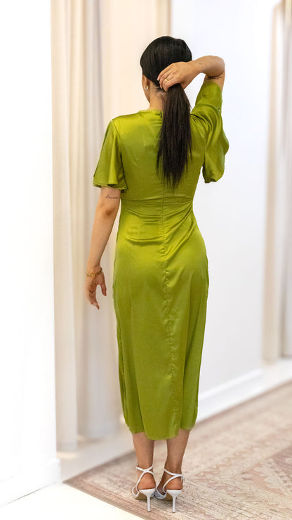 V NECK SATIN MIDI DRESSES