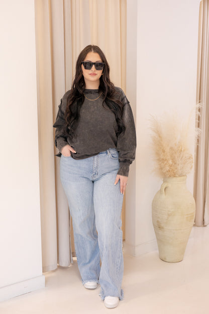 NEW OAKLEE ACID WASHED EXPOSED SEAM SWEATSHIRT (ASH BLACK)