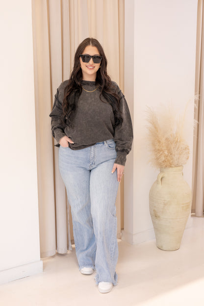 NEW OAKLEE ACID WASHED EXPOSED SEAM SWEATSHIRT (ASH BLACK)