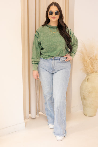 NEW OAKLEE ACID WASHED EXPOSED SEAM SWEATSHIRT (DK GREEN)