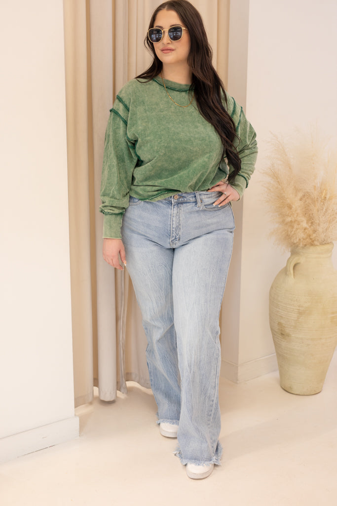 NEW OAKLEE ACID WASHED EXPOSED SEAM SWEATSHIRT (DK GREEN)