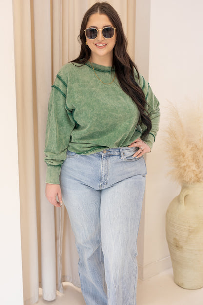 NEW OAKLEE ACID WASHED EXPOSED SEAM SWEATSHIRT (DK GREEN)