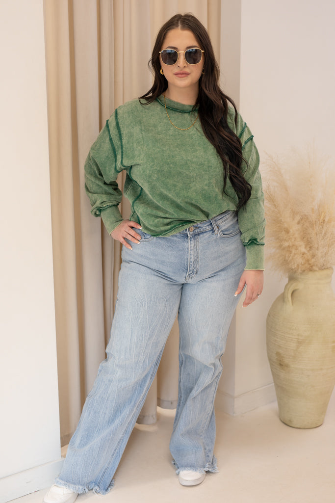 NEW OAKLEE ACID WASHED EXPOSED SEAM SWEATSHIRT (DK GREEN)