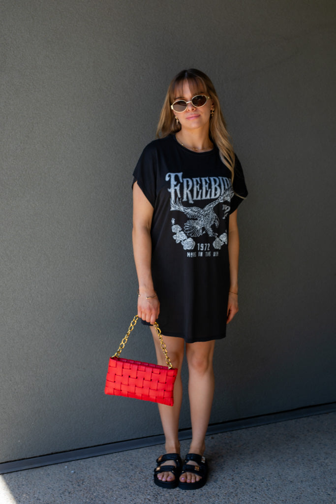 FREEBIRD GRAPHIC T-SHIRT MINI DRESS (BLACK)