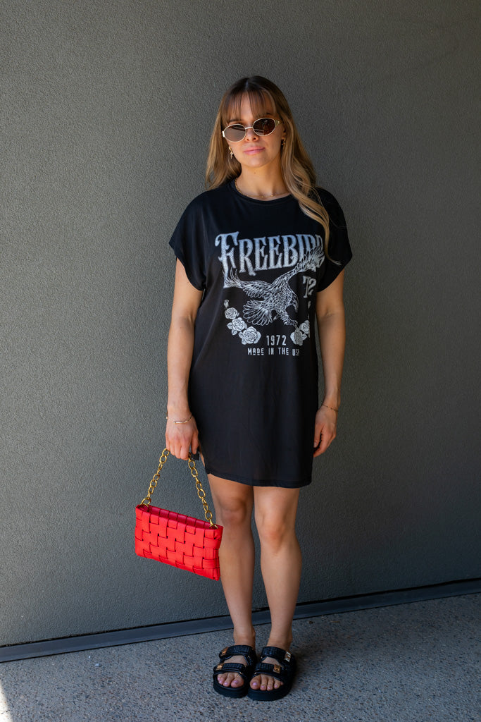 FREEBIRD GRAPHIC T-SHIRT MINI DRESS (BLACK)