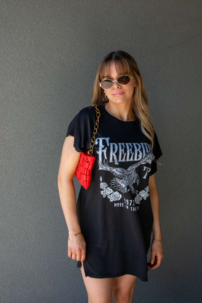 FREEBIRD GRAPHIC T-SHIRT MINI DRESS (BLACK)