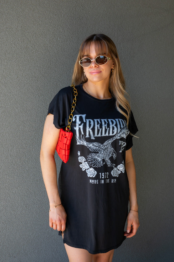 FREEBIRD GRAPHIC T-SHIRT MINI DRESS (BLACK)