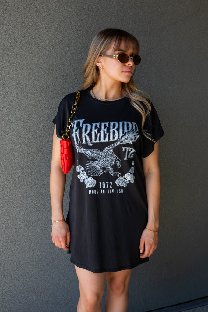 FREEBIRD GRAPHIC T-SHIRT MINI DRESS (BLACK)
