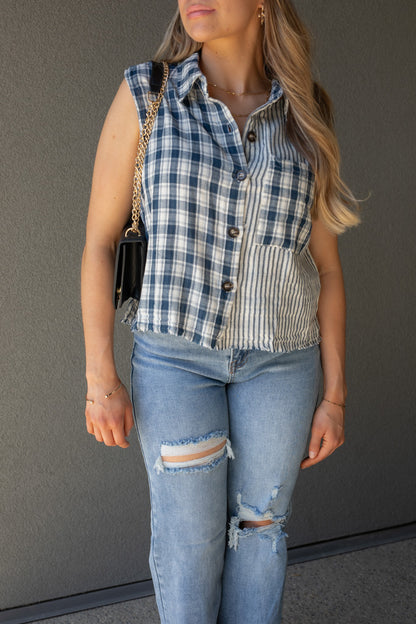 NEW RORY PLAID SLEEVELESS TOP (NAVY)