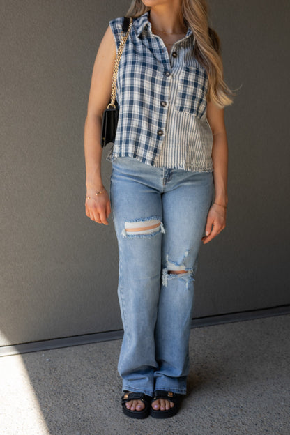 NEW RORY PLAID SLEEVELESS TOP (NAVY)