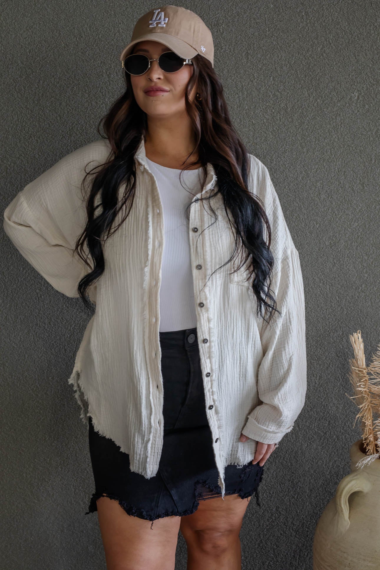 DARIA BUTTON UP GAUZE SHIRT (LIGHT BEIGE)