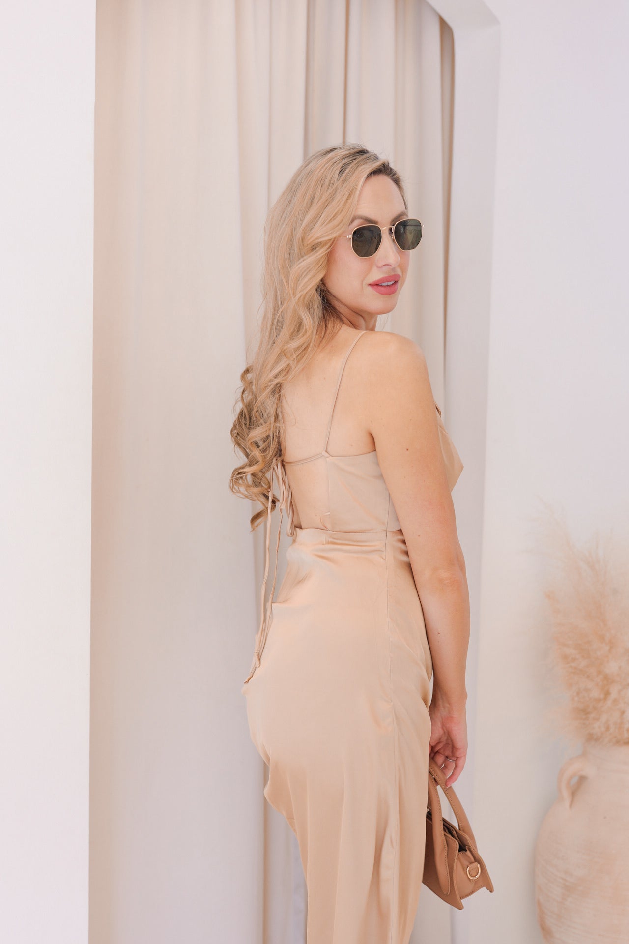 NEW SERENA SATIN SLEEVELESS V-NECK MIDI (CAMEL)