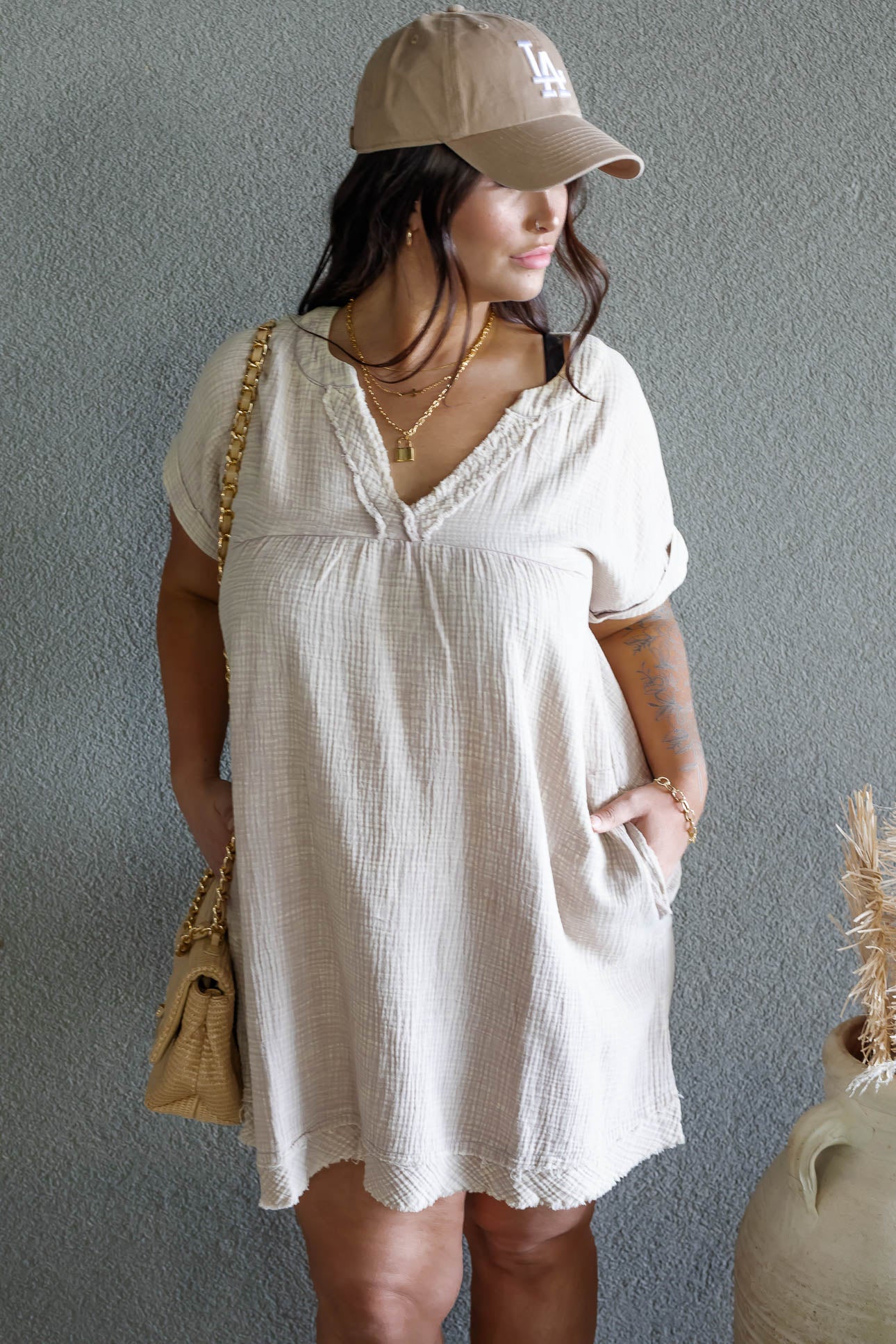 ARIANE DOUBLE GAUZE SHIRT DRESS (SAND BEIGE)