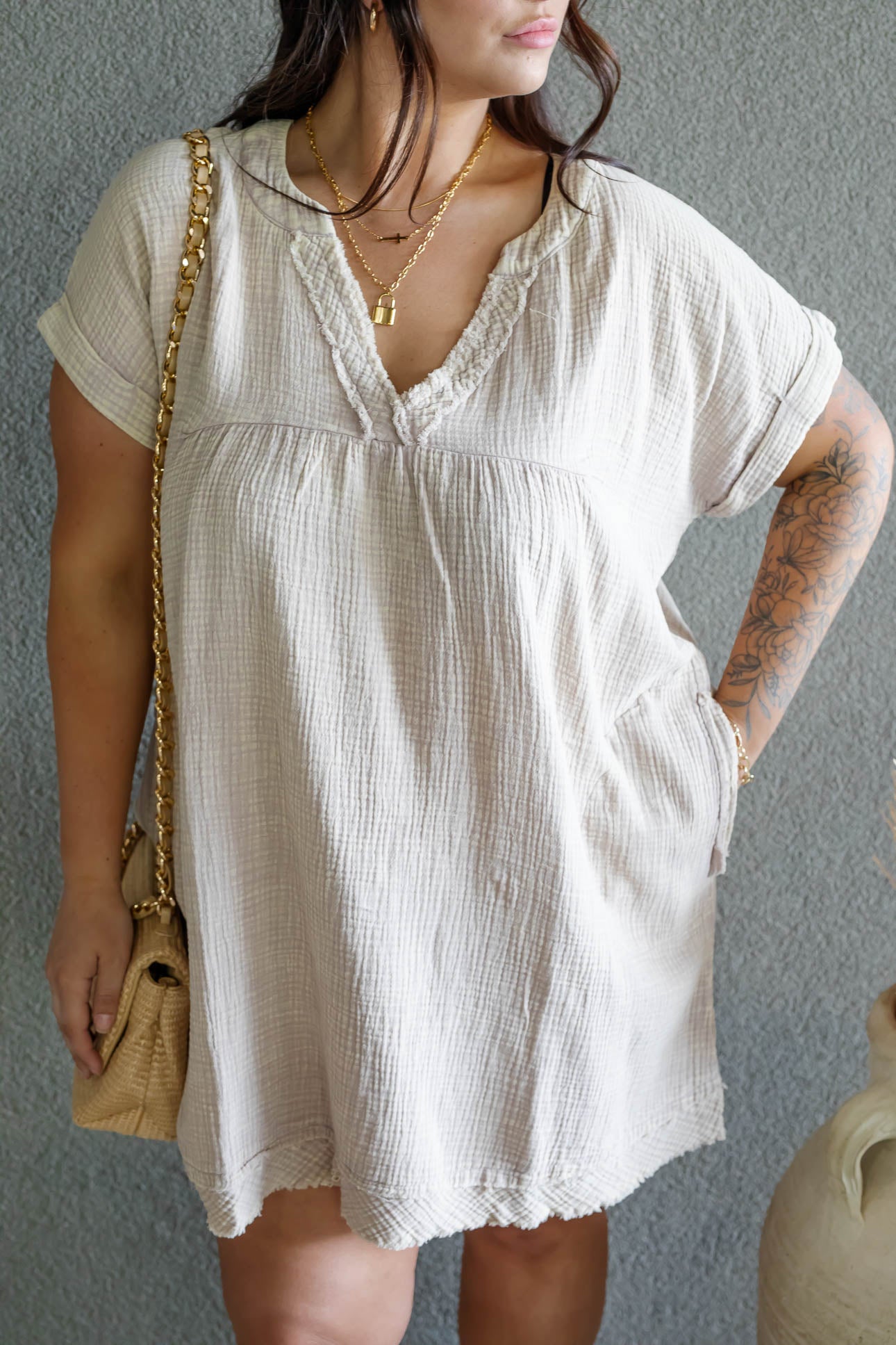 ARIANE DOUBLE GAUZE SHIRT DRESS (SAND BEIGE)