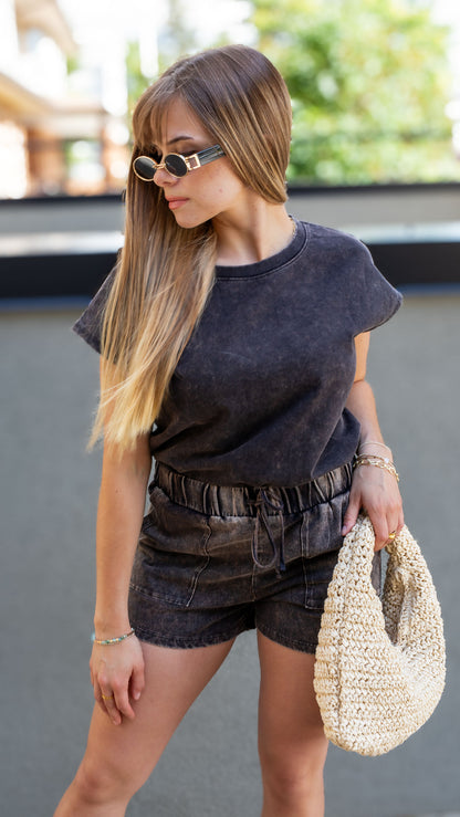 ZILLOW TWO PIECE ACID WASH SET (BLACK)