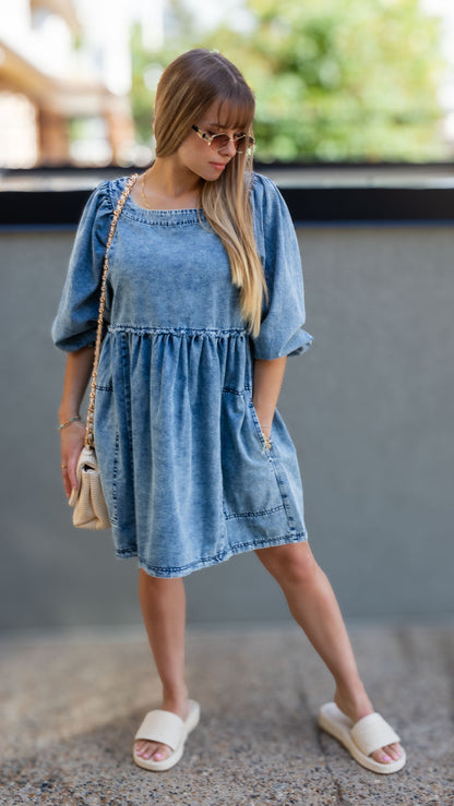 KORA DENIM BABYDOLL MINI DRESS