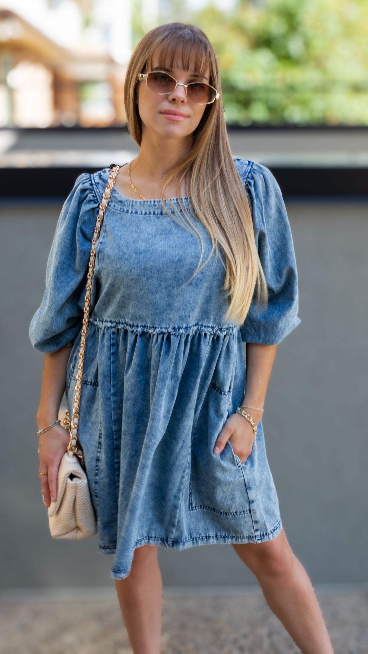 KORA DENIM BABYDOLL MINI DRESS