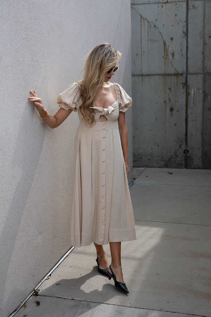 NEW PEARL FRONT TIE CUT OUT MIDI DRESS (TAUPE)