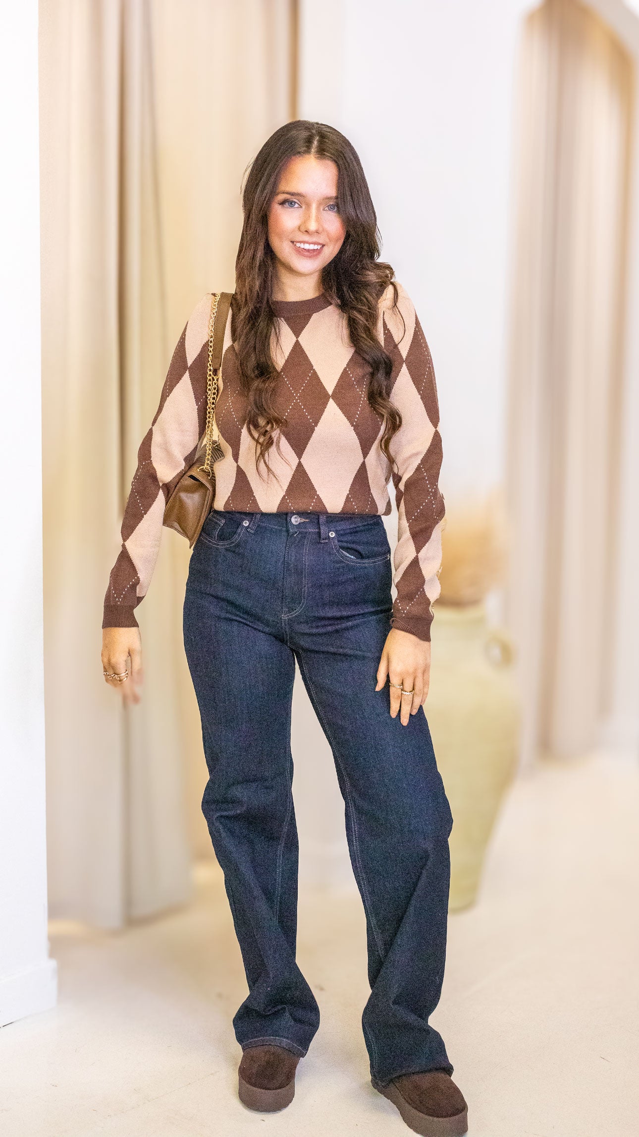 RILEY ARGYLE PATTERN SWEATER (BROWN/TAN)