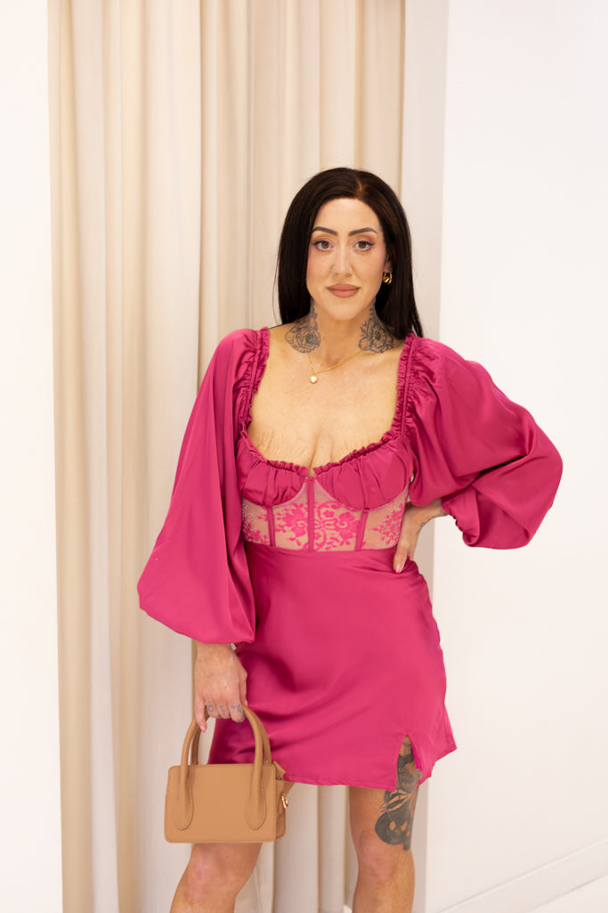 NEW HALEY METALLIC PUFF SLEEVE MINI DRESS (PLUM)