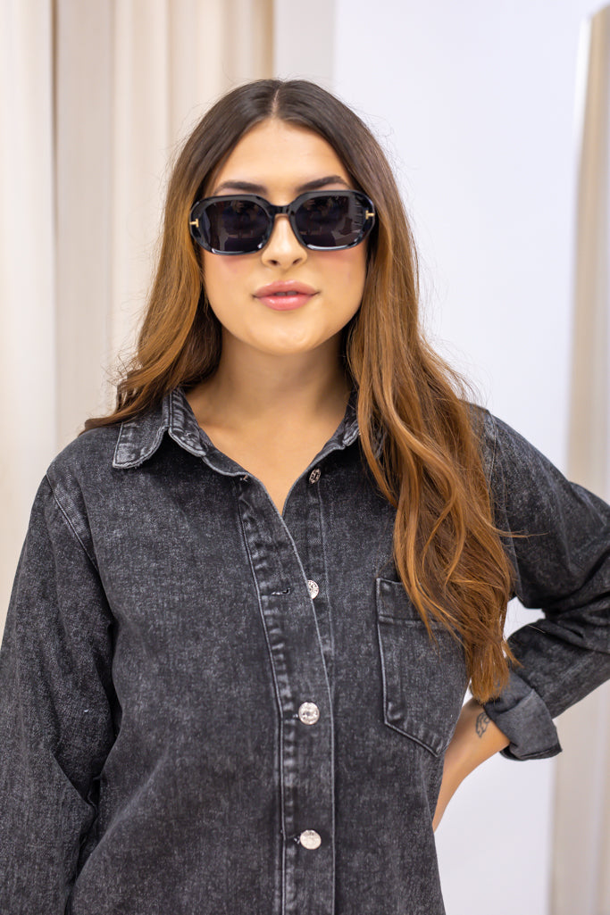 NEW MELODY DENIM SHIRT DRESS (WASHED BLACK)