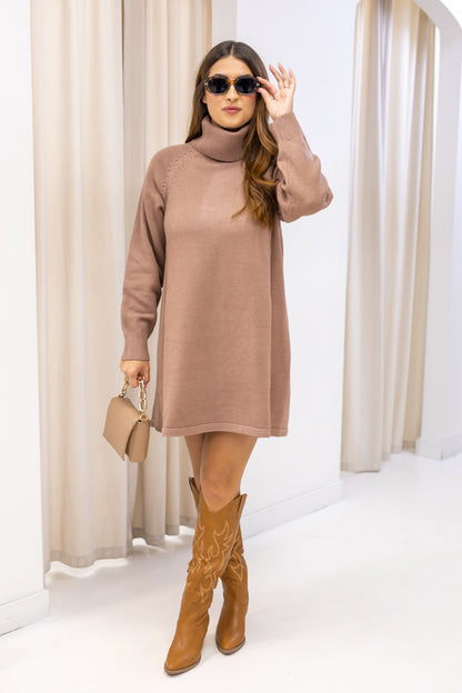 NEW KAYLEE LUXURY KNIT TURTLENECK SWEATER DRESS (LATTE)