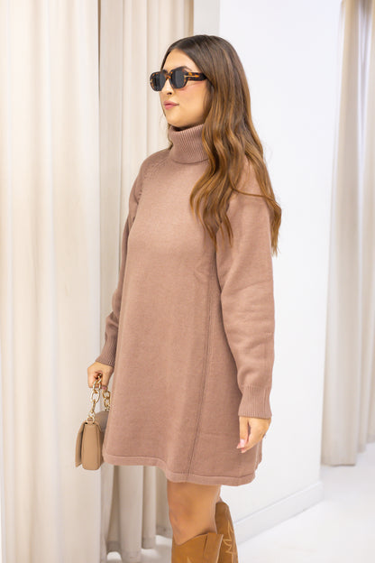 NEW KAYLEE LUXURY KNIT TURTLENECK SWEATER DRESS (LATTE)