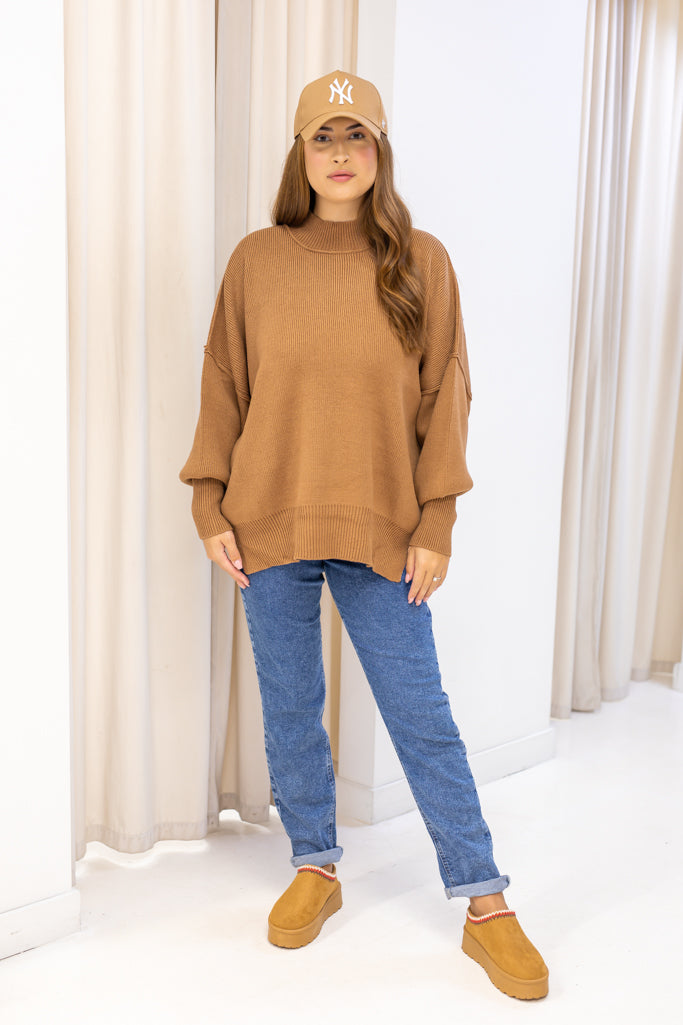 NEW WILLOW SIDE SLIT OVERSIZED CREW SWEATER (TAN) | RESTOCK