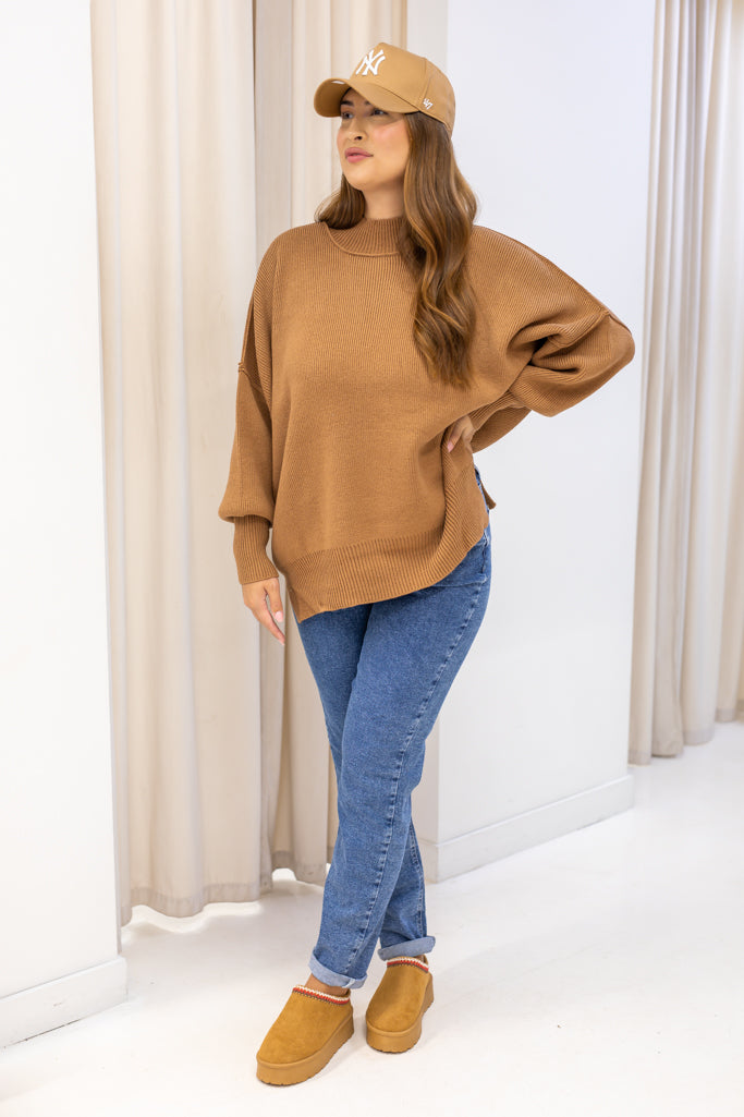 NEW WILLOW SIDE SLIT OVERSIZED CREW SWEATER (TAN) | RESTOCK