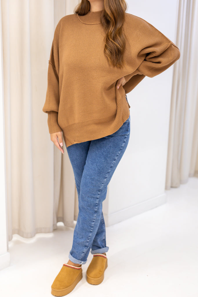 NEW WILLOW SIDE SLIT OVERSIZED CREW SWEATER (TAN) | RESTOCK