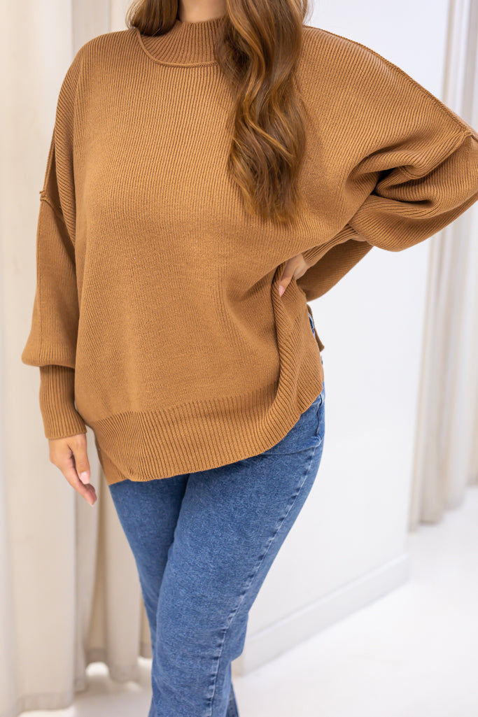 NEW WILLOW SIDE SLIT OVERSIZED CREW SWEATER (TAN) | RESTOCK