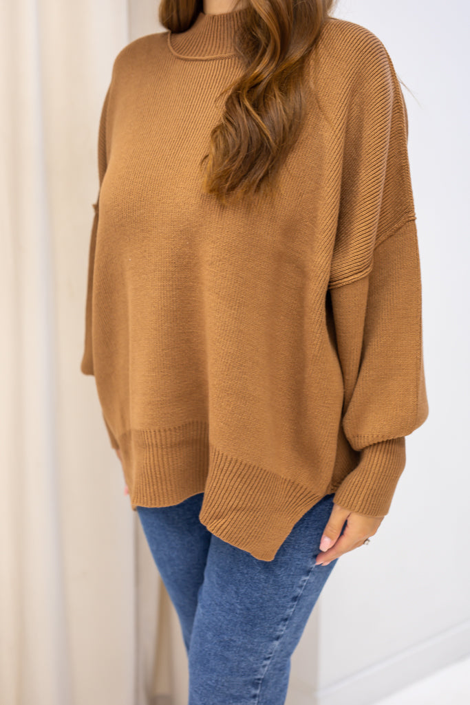 NEW WILLOW SIDE SLIT OVERSIZED CREW SWEATER (TAN) | RESTOCK