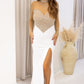 NEW RILEY RHINESTONE/PEARL MAXI GOWN (TAN/WHITE)