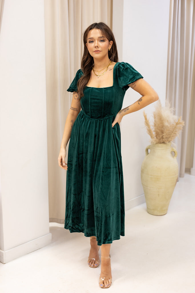 NEW XANDRA VELVET MIDI DRESS (HUNTER)