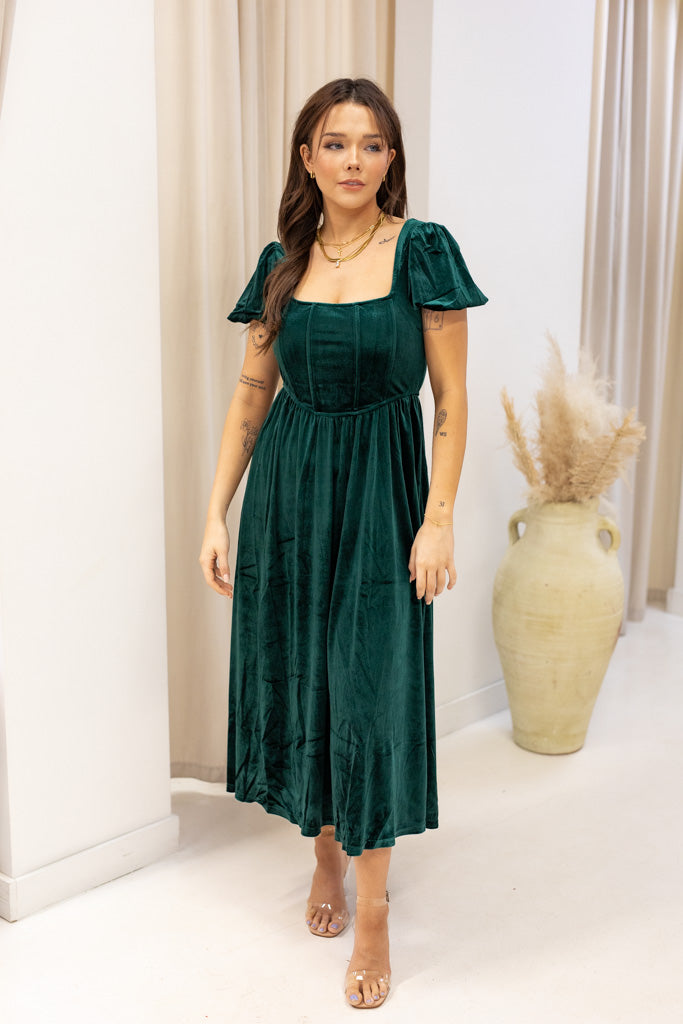 NEW XANDRA VELVET MIDI DRESS (HUNTER)