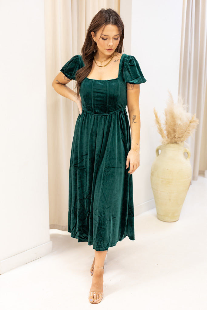 NEW XANDRA VELVET MIDI DRESS (HUNTER)