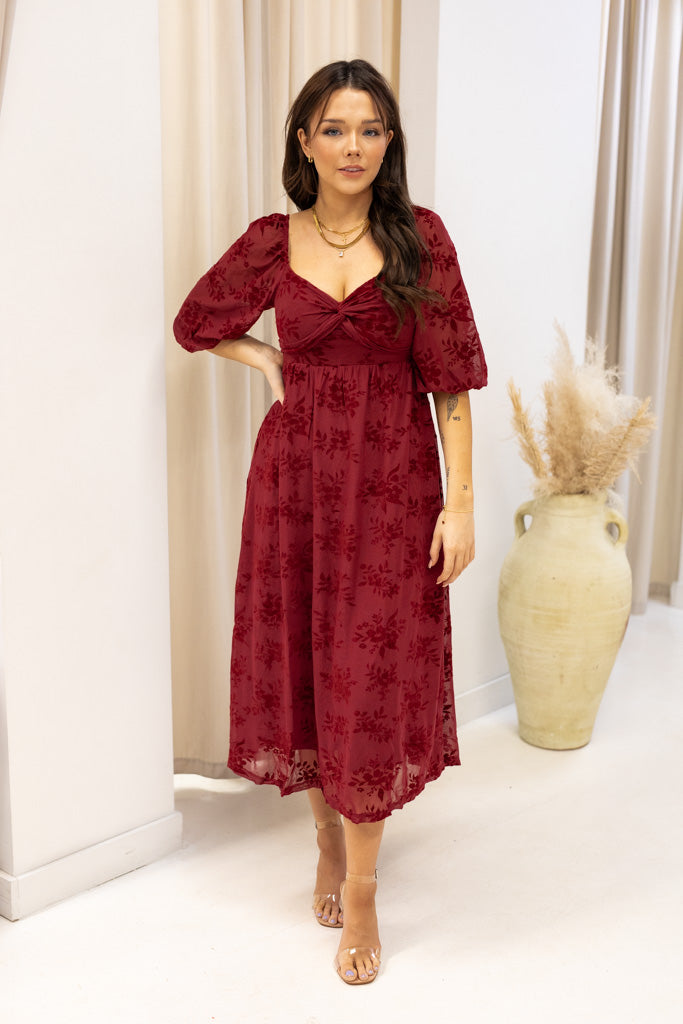 NEW BRANDI VELVET MIDI DRESS (BURGUNDY) VELENZIA NEW BRANDI VELVET MIDI DRESS (BURGUNDY) VELENZIA