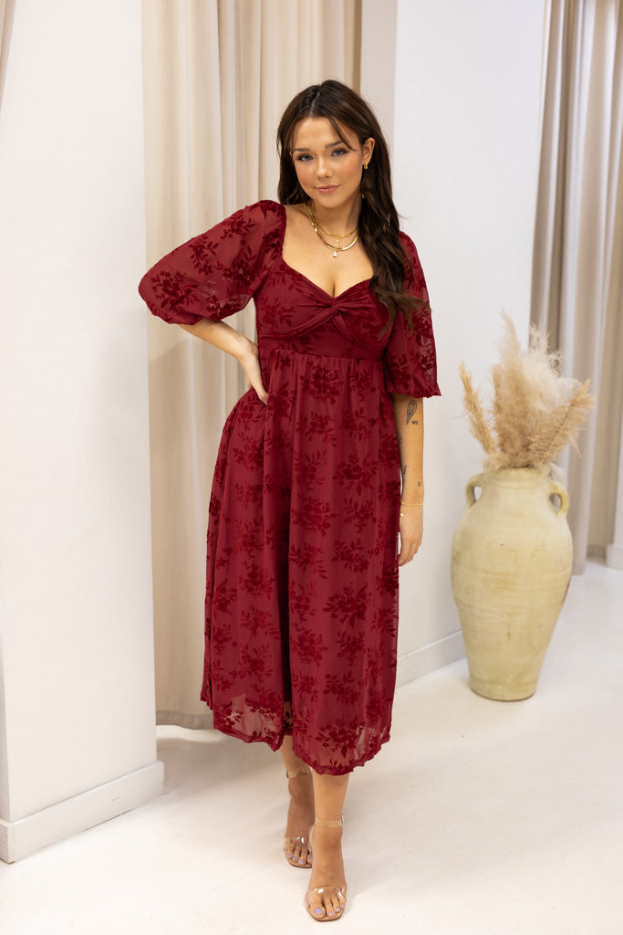 NEW BRANDI VELVET MIDI DRESS (BURGUNDY)