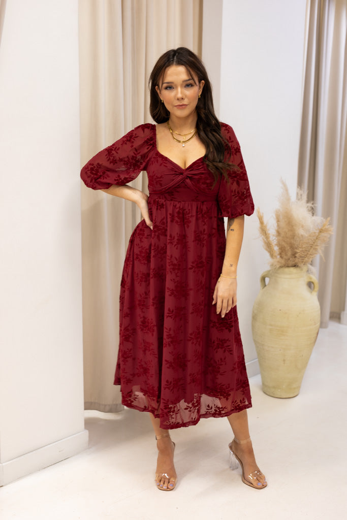 NEW BRANDI VELVET MIDI DRESS (BURGUNDY)