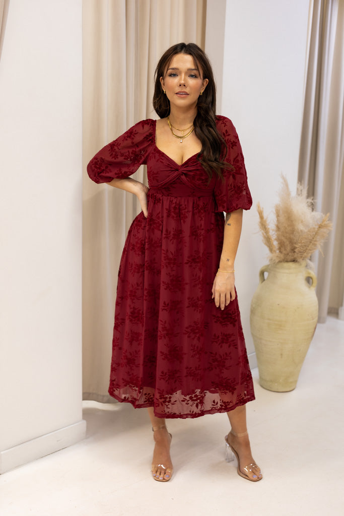 NEW BRANDI VELVET MIDI DRESS (BURGUNDY)