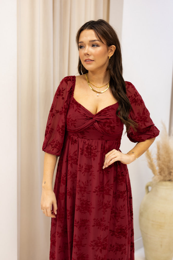 NEW BRANDI VELVET MIDI DRESS (BURGUNDY)